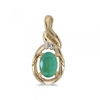 Oval Emerald & Diamond Pendant Necklace 14k Yellow Gold (0.45ctw)