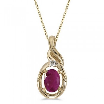 Oval Ruby & Diamond Pendant Necklace 14k Yellow Gold (0.60ctw)