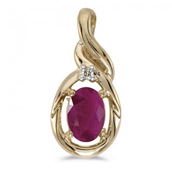 Oval Ruby & Diamond Pendant Necklace 14k Yellow Gold (0.60ctw)