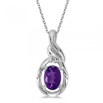 Oval Amethyst & Diamond Pendant Necklace 14k White Gold (0.45ct)