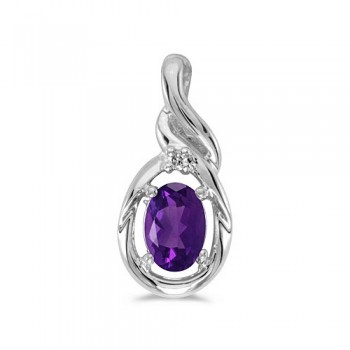 Oval Amethyst & Diamond Pendant Necklace 14k White Gold (0.45ct)