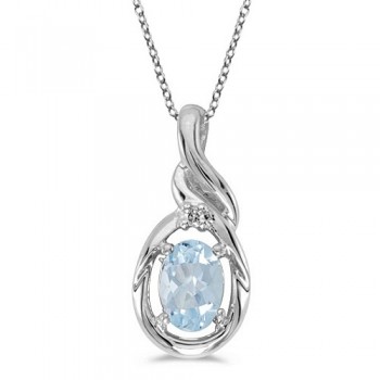 Oval Aquamarine & Diamond Pendant Necklace 14k White Gold (0.40ct)