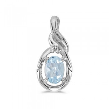 Oval Aquamarine & Diamond Pendant Necklace 14k White Gold (0.40ct)