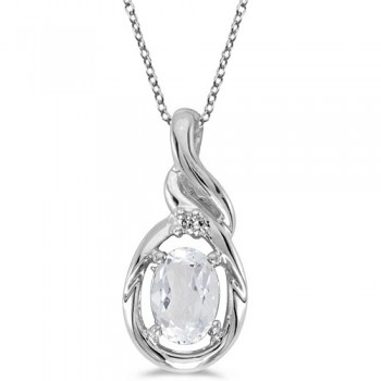 Oval White Topaz & Diamond Teardrop Pendant Necklace 14k White Gold