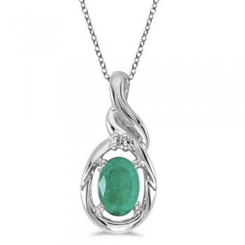 Oval Emerald & Diamond Pendant Necklace 14k White Gold (0.45ct)