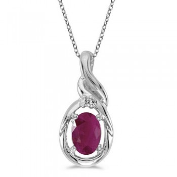 Oval Ruby & Diamond Pendant Necklace 14k White Gold (0.60ct)