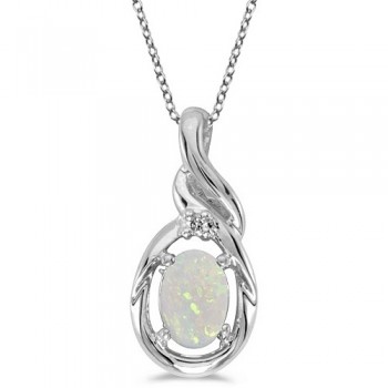 Oval Opal & Diamond Pendant Necklace 14k White Gold (0.55ct)
