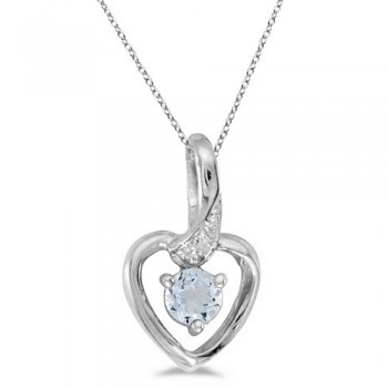 Aquamarine and Diamond Heart Pendant Necklace 14k White Gold