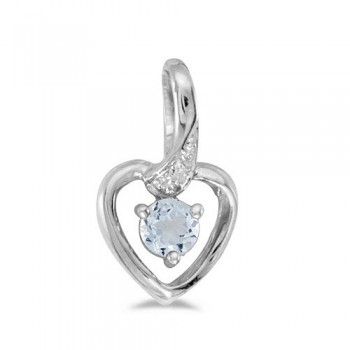 Aquamarine and Diamond Heart Pendant Necklace 14k White Gold