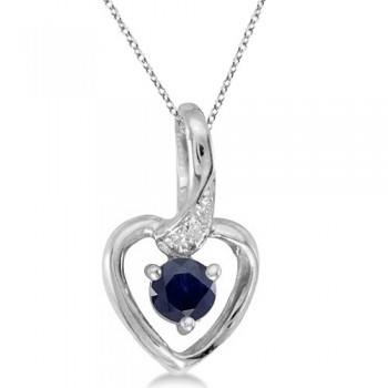Blue Sapphire and Diamond Heart Pendant Necklace 14k White Gold