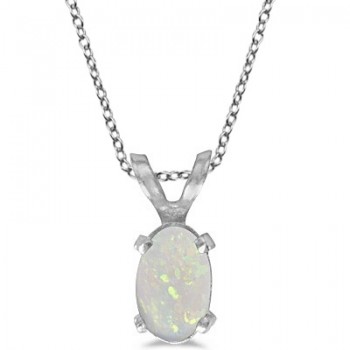 Oval Opal Solitaire Pendant Necklace in 14K White Gold (0.27ct)