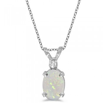 Oval Opal and Diamond Filagree Pendant in 14K White Gold (0.27ct)