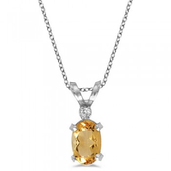 Oval Citrine and Diamond Solitaire Pendant in 14K White Gold (0.45ct)