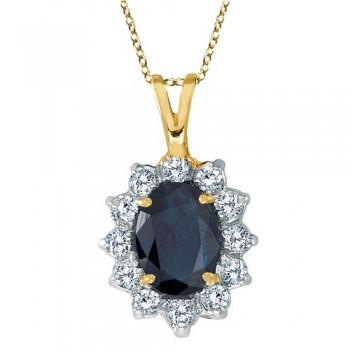 Lab Blue Sapphire & Lab Diamond Accented Pendant 14k Yellow Gold (1.70ctw)