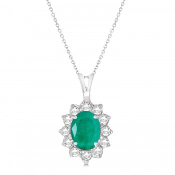 Lab Emerald & Lab Diamond Accented Pendant Necklace 14k White Gold (1.50ctw)