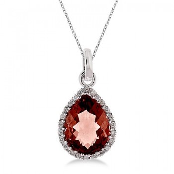 Pear Shaped Garnet and Diamond Pendant Necklace 14k White Gold