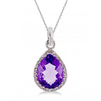 Pear Shaped Amethyst and Diamond Pendant Necklace 14k White Gold