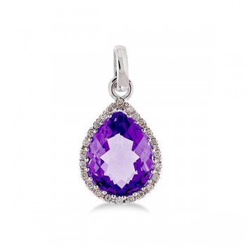 Pear Shaped Amethyst and Diamond Pendant Necklace 14k White Gold