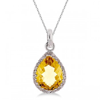 Pear Shaped Citrine and Diamond Pendant Necklace 14k White Gold