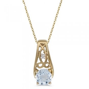 Antique Style Aquamarine and Diamond Pendant Necklace 14k Yellow Gold