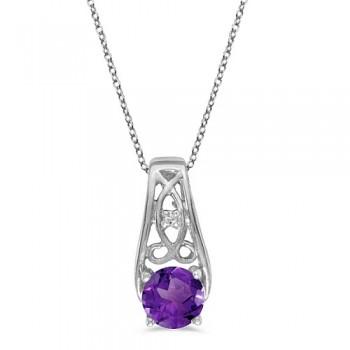 Antique Style Amethyst and Diamond Pendant Necklace 14k White Gold