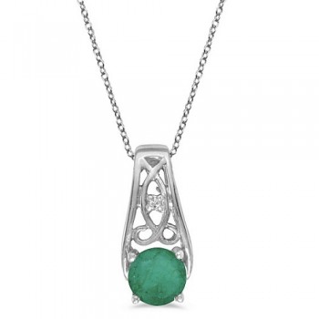 Antique Style Emerald and Diamond Pendant Necklace 14k White Gold