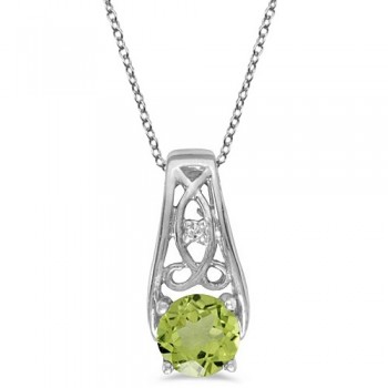 Antique Style Peridot and Diamond Pendant Necklace 14k White Gold