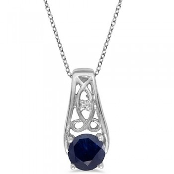 Antique Style Blue Sapphire & Diamond Pendant Necklace 14k White Gold