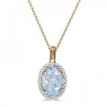 Oval Aquamarine & Diamond Pendant Necklace 14k Yellow Gold (0.40ctw)