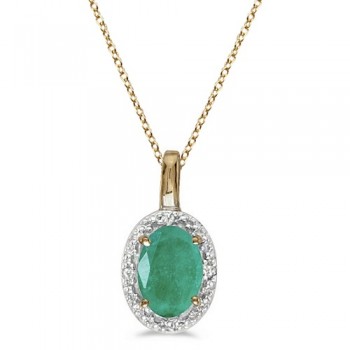 Halo Oval Emerald & Diamond Pendant Necklace 14k Yellow Gold (0.45ctw)