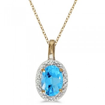 Oval Blue Topaz & Diamond Pendant Necklace 14k Yellow Gold (0.59ctw)