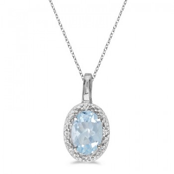 Oval Aquamarine & Diamond Pendant Necklace 14k White Gold (0.40ctw)