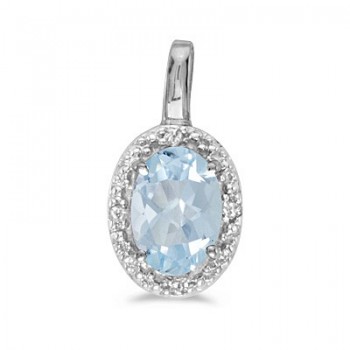 Oval Aquamarine & Diamond Pendant Necklace 14k White Gold (0.40ctw)