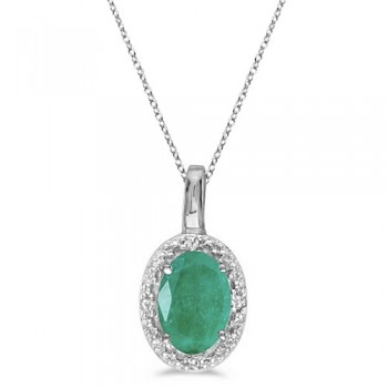 Oval Emerald & Diamond Pendant Necklace 14k White Gold (0.45ctw)