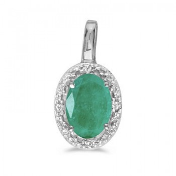 Oval Emerald & Diamond Pendant Necklace 14k White Gold (0.45ctw)