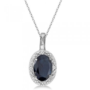Oval Blue Sapphire & Diamond Pendant Necklace 14k White Gold (0.55ct)