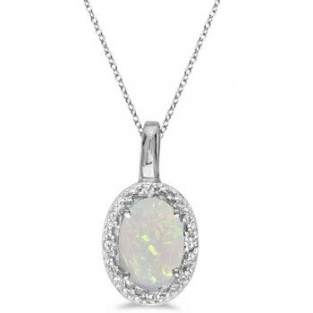 Oval Opal & Diamond Pendant Necklace 14k White Gold (0.55ctw)