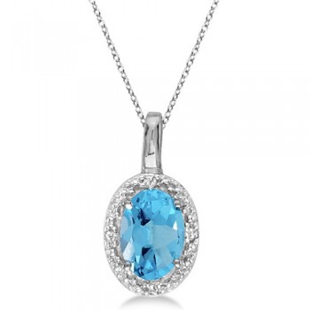 Oval Blue Topaz & Diamond Pendant Necklace 14k White Gold (0.59ctw)