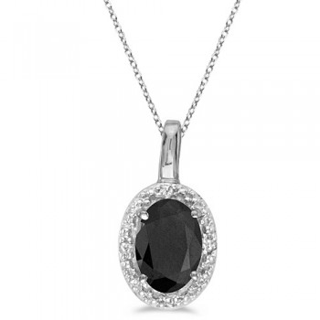 Oval Black Onyx and Diamond Pendant Necklace 14k White Gold (0.47tcw)