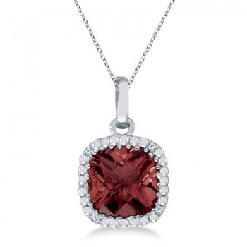 Cushion-Cut Garnet and Diamond Pendant Necklace 14K White Gold (7mm)