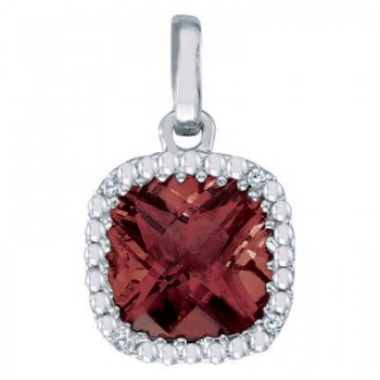 Cushion-Cut Garnet and Diamond Pendant Necklace 14K White Gold (7mm)