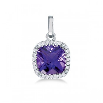 Cushion-Cut Amethyst and Diamond Pendant Necklace 14K White Gold (7mm)