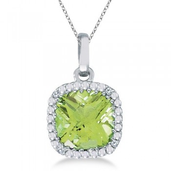 Cushion-Cut Peridot and Diamond Pendant Necklace 14K White Gold (7mm)