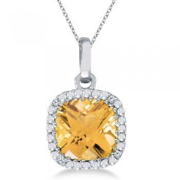 Cushion-Cut Citrine and Diamond Pendant 14K White Gold (7mm)