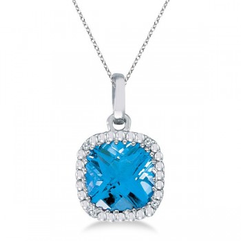 Cushion Cut Blue Topaz & Diamond Pendant 14K White Gold  