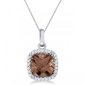 Cushion-Cut Smoky Topaz & Diamond Pendant Necklace 14K White Gold (7mm)