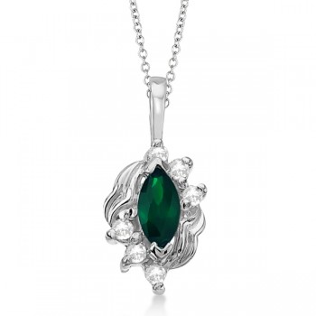 Marquise Emerald & Diamond Pendant Necklace in 14K White Gold (0.34ct)