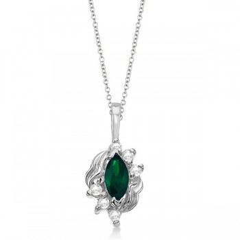 Marquise Emerald & Diamond Pendant Necklace in 14K White Gold (0.34ct)