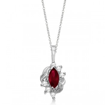 Marquise Red Ruby & Diamond Pendant in 14K White Gold (0.34ct)