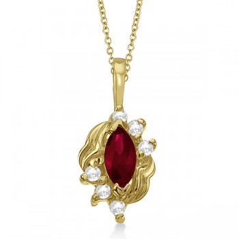 Marquise Ruby & Diamond Pendant Necklace in 14K Yellow Gold (0.34ct)